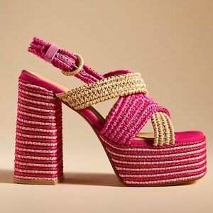 •CASTANER• Anthropologie NEW‎ Fulvia Raffia Platform Heel Sandal in Pink Size 40